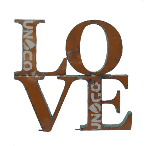 Product image of the product “Letter LOVE in Small as wall hanger, 106 x 101cm, object from upcyceled oil barrel. ”